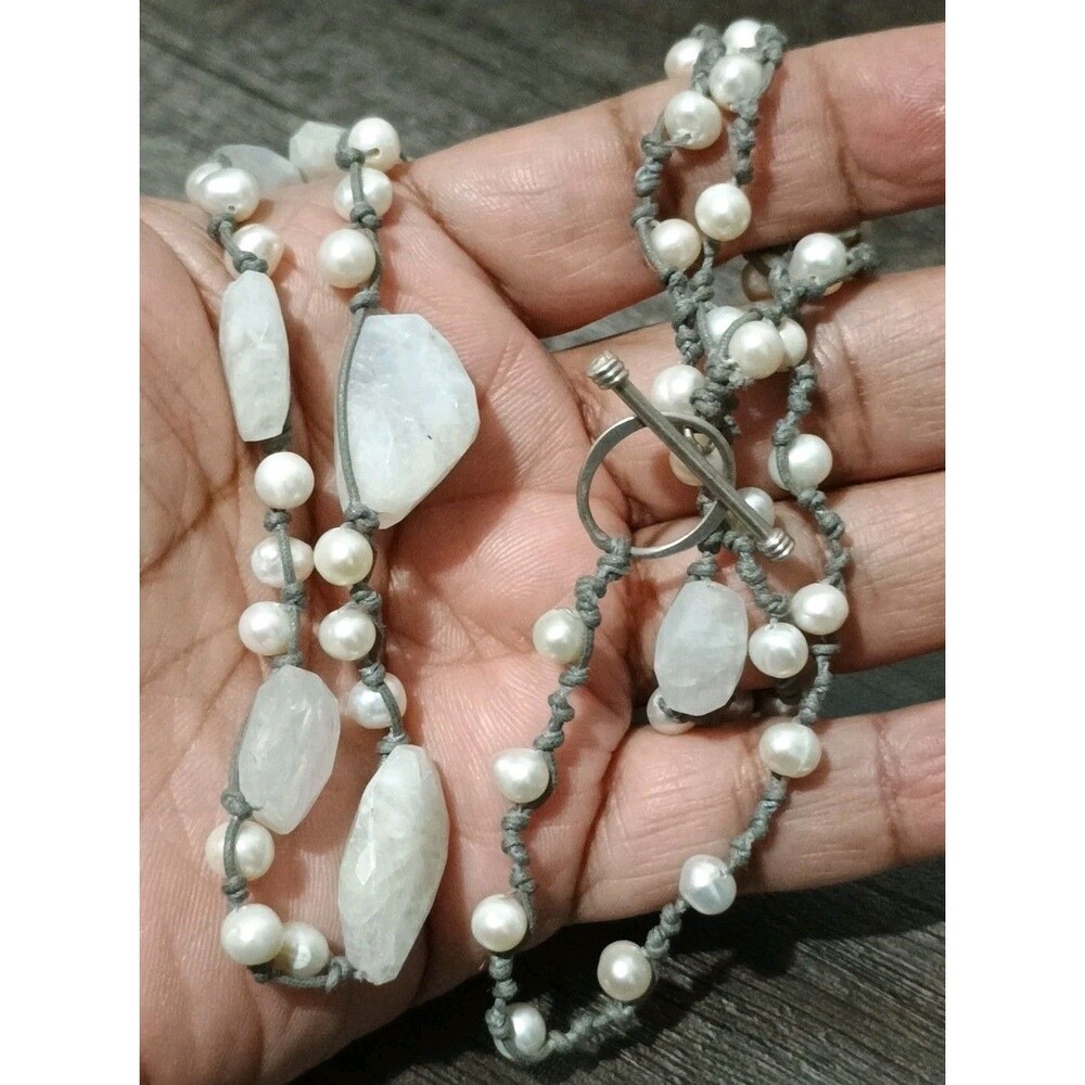J Jill Rough Moonstone Real Pearl Silver Tone Necklace Missing J Jill Tag - Picture 2 of 6